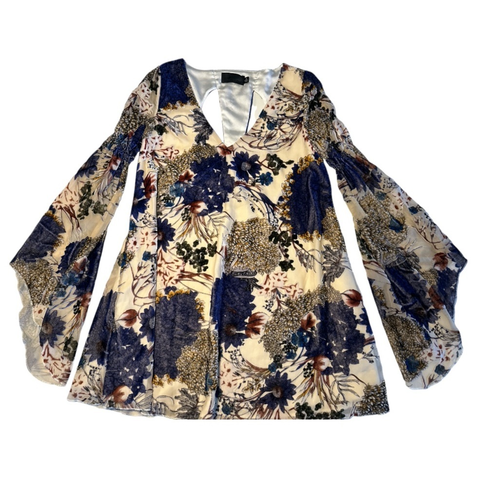 Line & Dot Floral Mini Dress - Blue and Cream